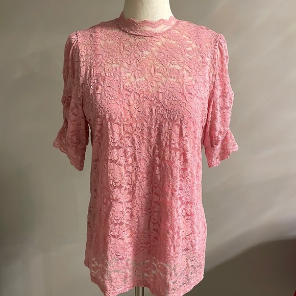 Lace stretch top / blouse mock neckline overlay with attached tank S/S pink sz S - Picture 1 of 15